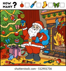 Counting Game for Preschool Children. Educational a mathematical game. Count the numbers in the picture and write the result. Santa Claus and background