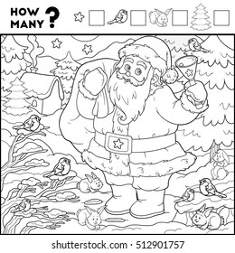 Counting Game for Preschool Children. Educational a mathematical game. Count the numbers in the picture and write the result. Santa Claus and background
