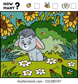 Counting Game for Preschool Children. Educational a mathematical game. Count how many items and write the result! Rabbit and background