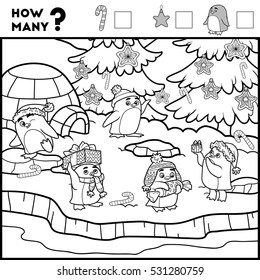 Counting Game for Preschool Children. Educational a mathematical game. Count how many items and write the result! Penguins and background