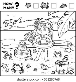 Counting Game for Preschool Children. Educational a mathematical game. Count how many items and write the result! Girl and background