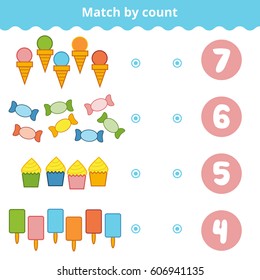 Counting Game for Preschool Children. Educational a mathematical game. Count the items in the picture and choose the right answer. Set of sweets