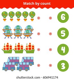 Counting Game for Preschool Children. Educational a mathematical game. Count the items in the picture and choose the right answer. Transport objects