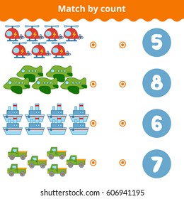 Counting Game for Preschool Children. Educational a mathematical game. Count the items in the picture and choose the right answer. Transport objects