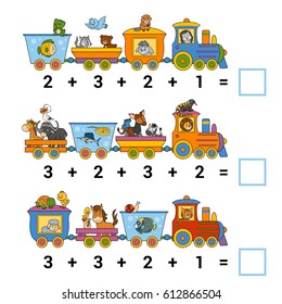 Counting Game for Preschool Children. Educational a mathematical game. Count the animals on the train and write the result. Tasks for addition