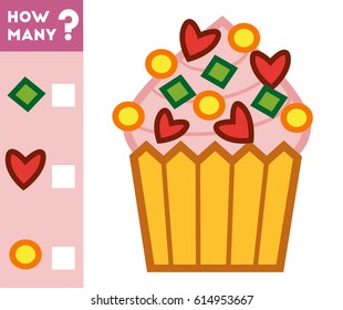 Counting Game for Preschool Children. Educational a mathematical game. Count how many cupcake decorations and write the result!