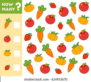 Counting Game for Preschool Children. Educational a mathematical game. Count how many fruits, vegetables and write the result!