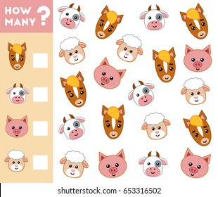 Counting Game for Preschool Children. Educational a mathematical game. Count how many farm animals and write the result!