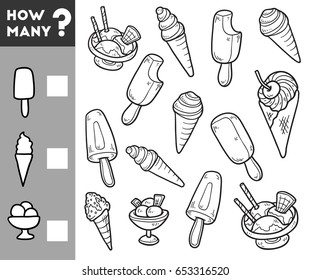 Counting Game for Preschool Children. Educational a mathematical game. Count how many ice cream and write the result!