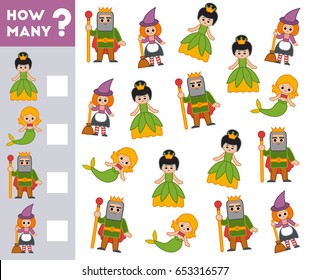 Counting Game for Preschool Children. Educational a mathematical game. Count how many fairy tale characters and write the result!