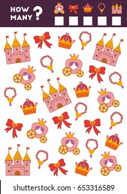 Counting Game for Preschool Children. Educational a mathematical game. Count how many princess objects and write the result!