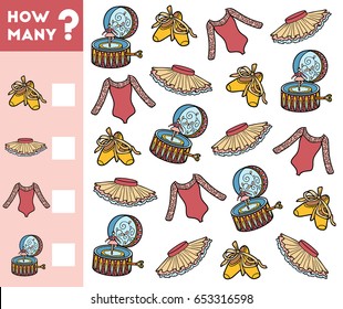 Counting Game for Preschool Children. Educational a mathematical game. Count how many objects for a ballet and write the result!