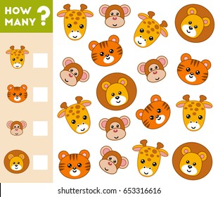 Counting Game for Preschool Children. Educational a mathematical game. Count how many animals and write the result!