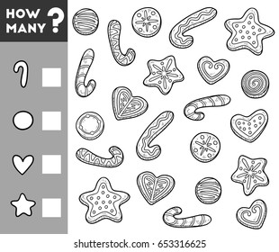 Counting Game for Preschool Children. Educational a mathematical game. Count how many cookies and write the result!