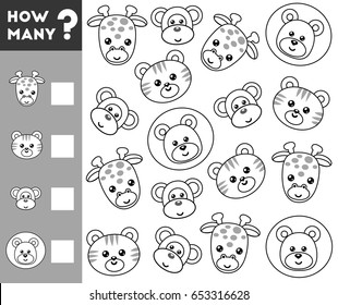 Counting Game for Preschool Children. Educational a mathematical game. Count how many animals and write the result!