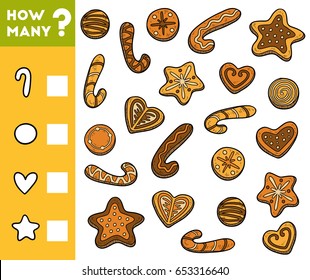 Counting Game for Preschool Children. Educational a mathematical game. Count how many cookies and write the result!