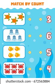 Counting Game for Preschool Children. Educational a mathematical game. Count sea animals in the picture and choose the right answer