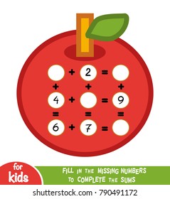 Counting Game for Preschool Children. Educational a mathematical game. Count the numbers in the picture and write the result. Addition worksheets with apples