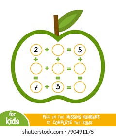 Counting Game for Preschool Children. Educational a mathematical game. Count the numbers in the picture and write the result. Addition worksheets with apples