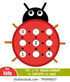 Juego de Cuentas para Niños de la Escuela Preescolar. Juego matemático educativo. Cuenta los números de la imagen y escribe el resultado. Hojas de trabajo de multiplicación y división con ladybug