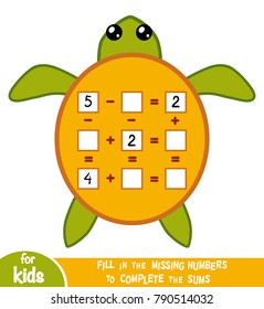 Counting Game for Preschool Children. Educational a mathematical game. Count the numbers in the picture and write the result. Addition and subtraction worksheets with turtle