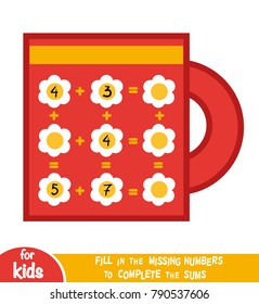 Counting Game for Preschool Children. Educational a mathematical game. Count the numbers in the picture and write the result. Addition worksheets with a cup