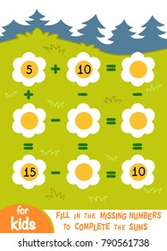 Counting Game for Preschool Children. Educational a mathematical game. Count the numbers in the picture and write the result. Addition and subtraction worksheets on a background with a blooming glade