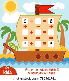 Counting Game for Preschool Children. Educational a mathematical game. Count the numbers in the picture and write the result. Addition and subtraction worksheets in the background of the ship