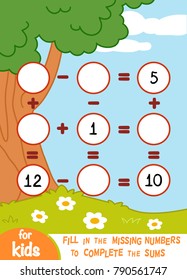 Counting Game for Preschool Children. Educational a mathematical game. Count the numbers in the picture and write the result. Addition and subtraction worksheets on a summer background