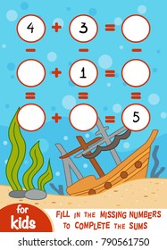 Counting Game for Preschool Children. Educational a mathematical game. Count the numbers in the picture and write the result. Addition and subtraction worksheets on an underwater background