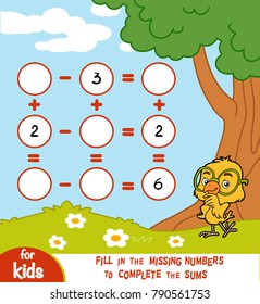 Counting Game for Preschool Children. Educational a mathematical game. Count the numbers in the picture and write the result. Addition and subtraction worksheets on a summer background