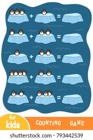 Counting Game for Preschool Children. Educational a mathematical game. Count the number of penguins on the ice and write the result. Addition worksheets