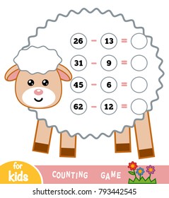 Counting Game for Preschool Children. Educational a mathematical game. Count the numbers in the picture and write the result. Tasks for subtraction on the background of a sheep