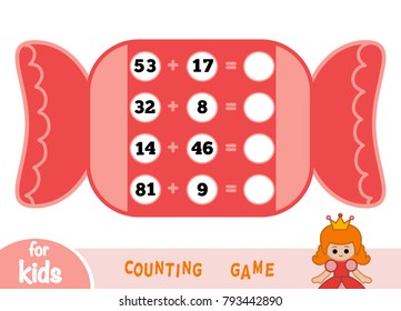 Counting Game for Preschool Children. Educational a mathematical game. Count the numbers in the picture and write the result. Addition worksheets on the background of a big candy