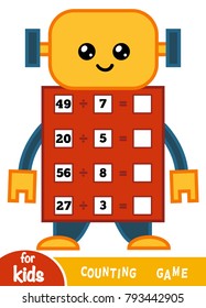 Counting Game for Preschool Children. Educational a mathematical game. Count the numbers in the picture and write the result. Tasks for addition on the background of the robot