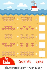 Counting Game for Preschool Children. Educational a mathematical game. Count the number of shells and write the result. Addition worksheets on the background of the beach