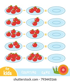 Counting Game for Preschool Children. Educational a mathematical game. Count the number of apples on the plates and write the result. Subtraction worksheets