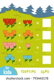 Counting Game for Preschool Children. Educational a mathematical game. Count the numbers of flowers and write the result. Addition worksheets on the background of a glade