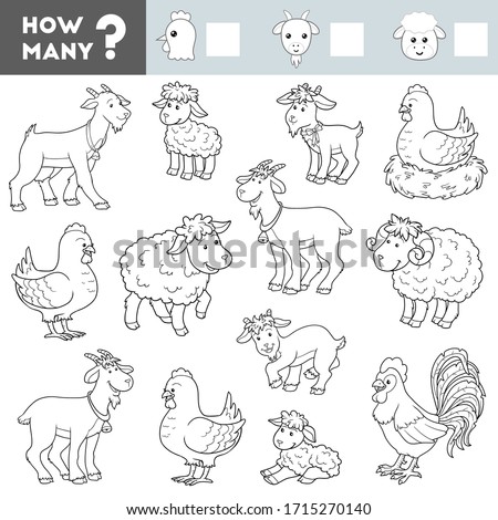 Counting Game for Preschool Children. Educational a mathematical game. Count how many Goats, Sheep, Chicken and write the result!