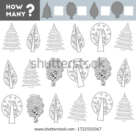 Counting Game for Preschool Children. Educational a mathematical game. Count how many trees and write the result!