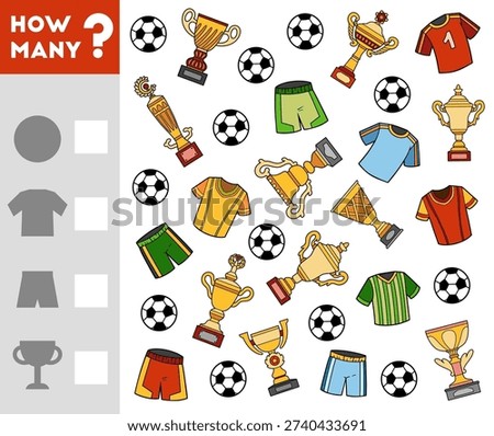 Counting Game for Preschool Children. Educational a mathematical game. Count how many football objects and write the result! Fun worksheet for preschool learning and play.