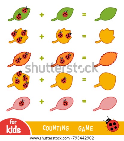Counting Game for Preschool Children. Educational a mathematical game. Count the number of beetles on leaves and write the result. Addition worksheets