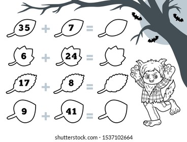 Counting Game for Preschool Children. Halloween characters, werewolf. Educational a mathematical game. Count the numbers in the picture and write the result. Addition worksheets.