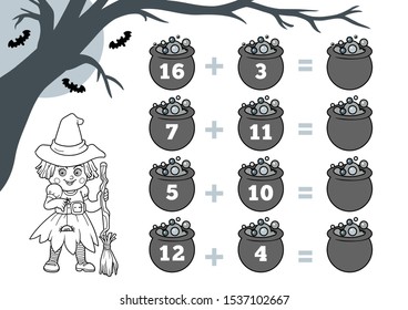 Counting Game for Preschool Children. Halloween characters, witch. Educational a mathematical game. Count the numbers in the picture and write the result. Addition worksheets.