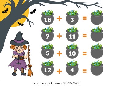 Counting Game for Preschool Children. Halloween characters, witch. Educational a mathematical game. Count the numbers in the picture and write the result. Addition worksheets.