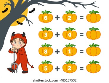 Counting Game for Preschool Children. Halloween characters, devil. Educational a mathematical game. Count the numbers in the picture and write the result. Addition worksheets.