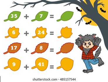 Counting Game for Preschool Children. Halloween characters, werewolf. Educational a mathematical game. Count the numbers in the picture and write the result. Addition worksheets.