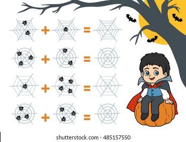 Counting Game for Preschool Children. Halloween characters, vampire. Educational a mathematical game. Count the numbers in the picture and write the result. Addition worksheets.