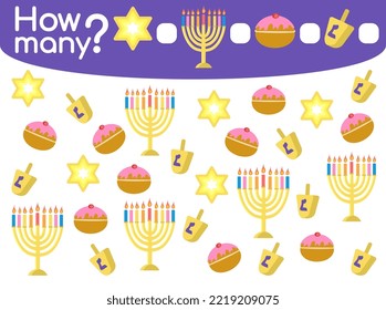 Counting game for preschool children with Hanukkah traditional symbols. Educational mathematical game. Count how many elements by types and write the result. Flat cartoon style vector illustration