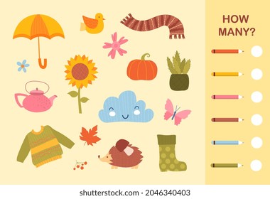 Counting Game for Preschool Children. How many objects of certain color. Mathematical problem for schoolchildren. Template for printing. Cartoon flat vector illustration isolated on beige background